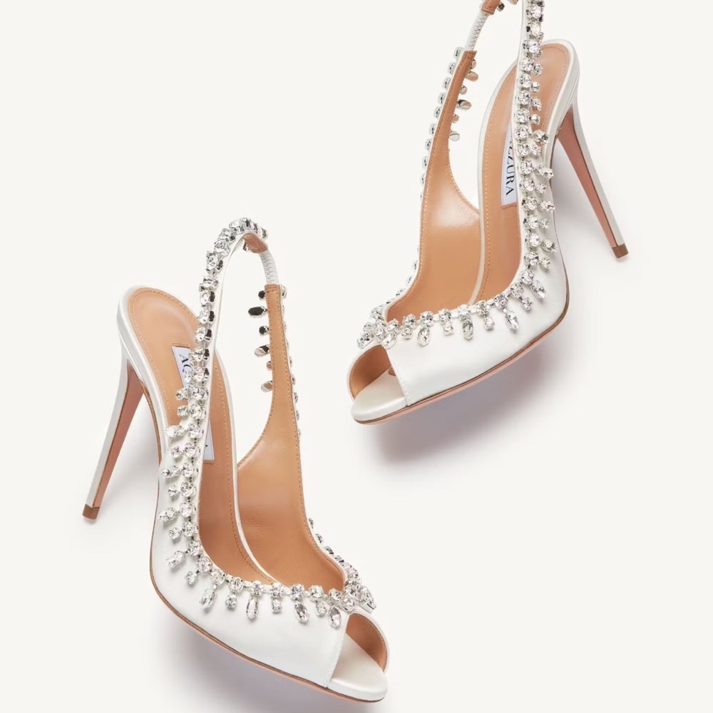 Aquazzura Temptation 105 Crystal-Embellished Satin Slingback Sandals Size 39